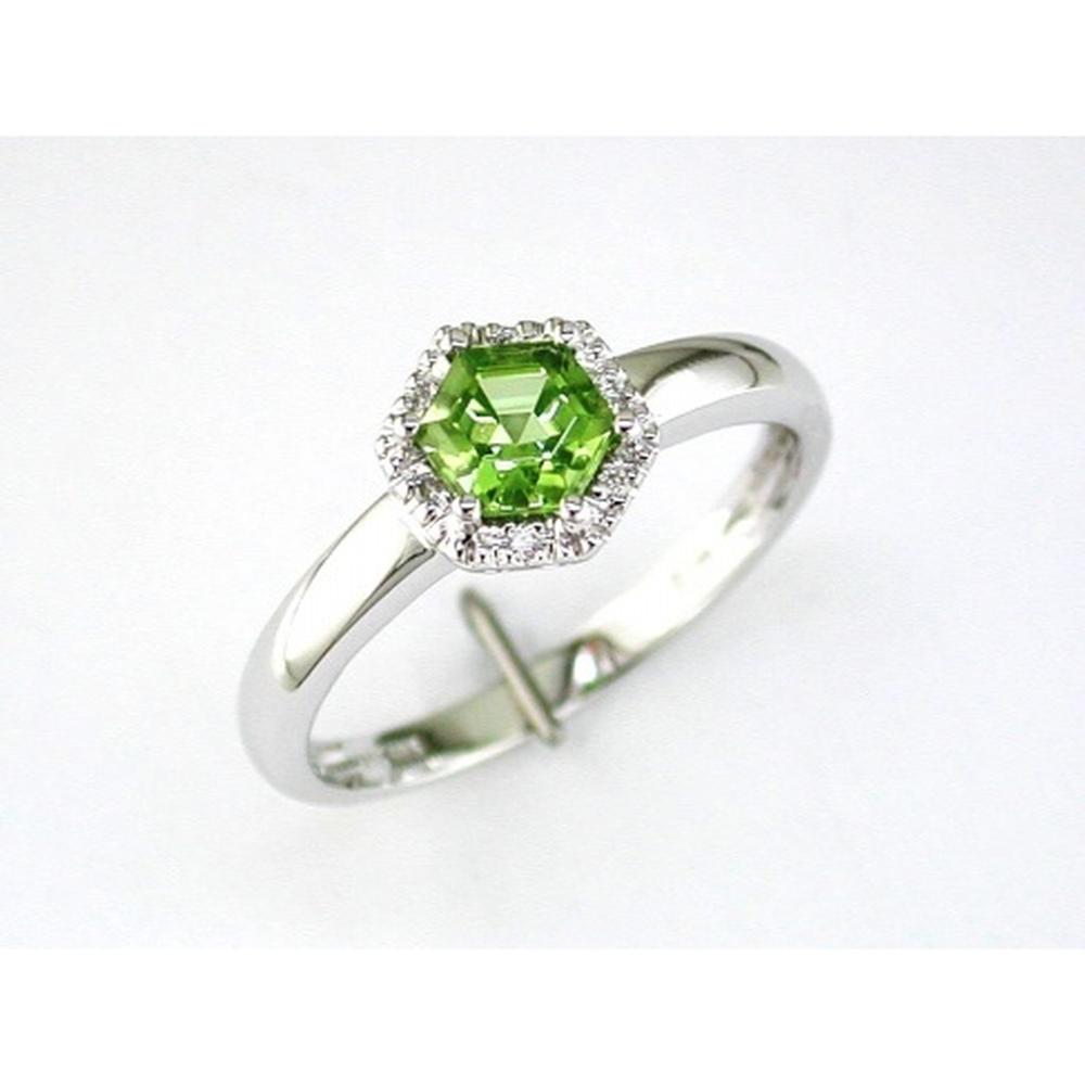 14K White Gold Hexagon Halo Ring with 0.60 Carats Peridot and 0.03 Carats Round Diamonds