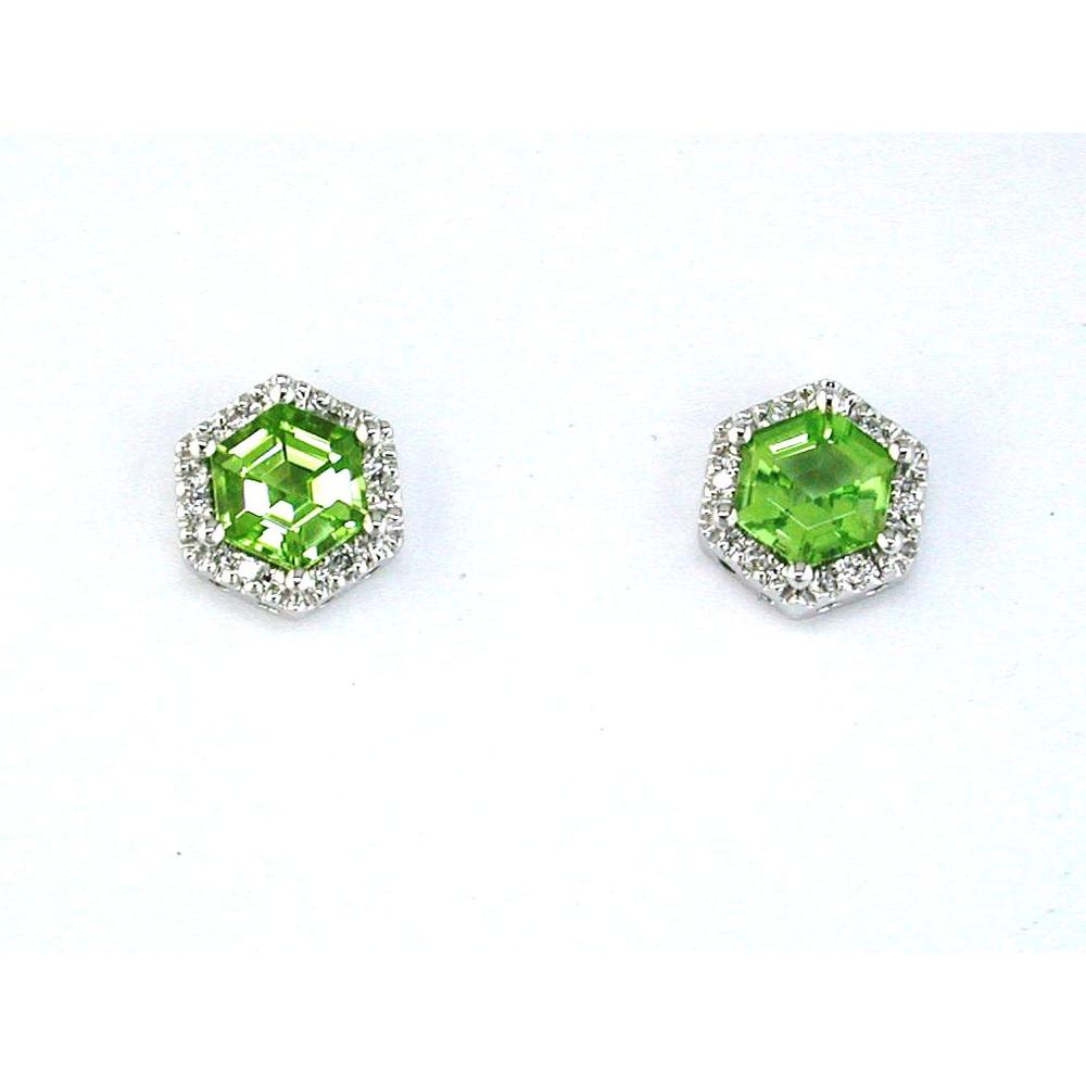 14K White Gold Hexagonal Peridot Earrings with Diamond Halo – 1.20 Carat Total Peridot Weight, 0.05 Carat Total Diamond Weight - Royal Jewelry