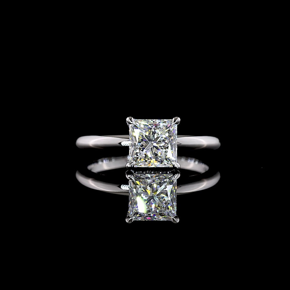 14K White Gold Hidden Halo Engagement Ring with 1.55 Carat Princess Cut Lab Diamond and 0.06 Carat Brilliant Cut Diamond Accents - Total Diamond Weight 1.61 Carats - Covaloro Fine Jewelry