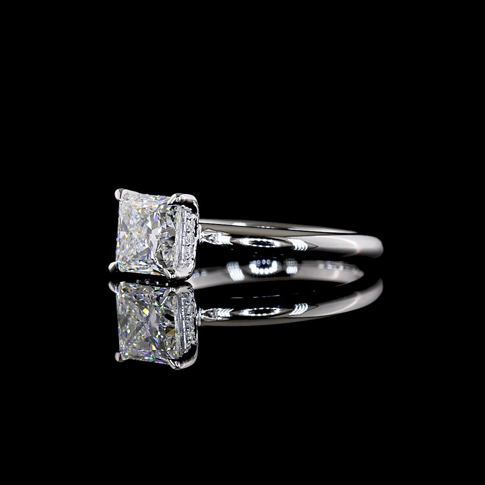 14K White Gold Hidden Halo Engagement Ring with 1.55 Carat Princess Cut Lab Diamond and 0.06 Carat Brilliant Cut Diamond Accents - Total Diamond Weight 1.61 Carats - Covaloro Fine Jewelry