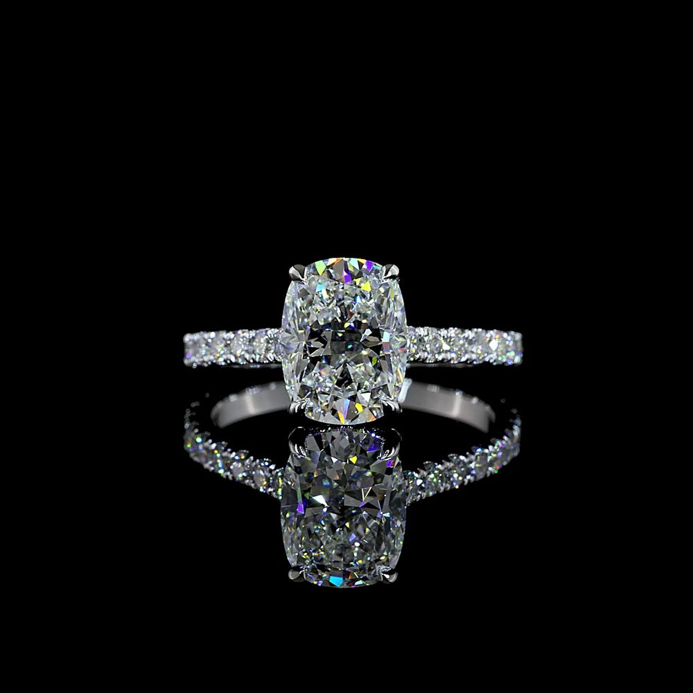 14K White Gold Hidden Halo Engagement Ring with 2.52 Carat Cushion Brilliant Lab Diamond and 0.68 Carat Accent Lab Diamonds - 3.30 Carat Total Diamond Weight - Covaloro Fine Jewelry