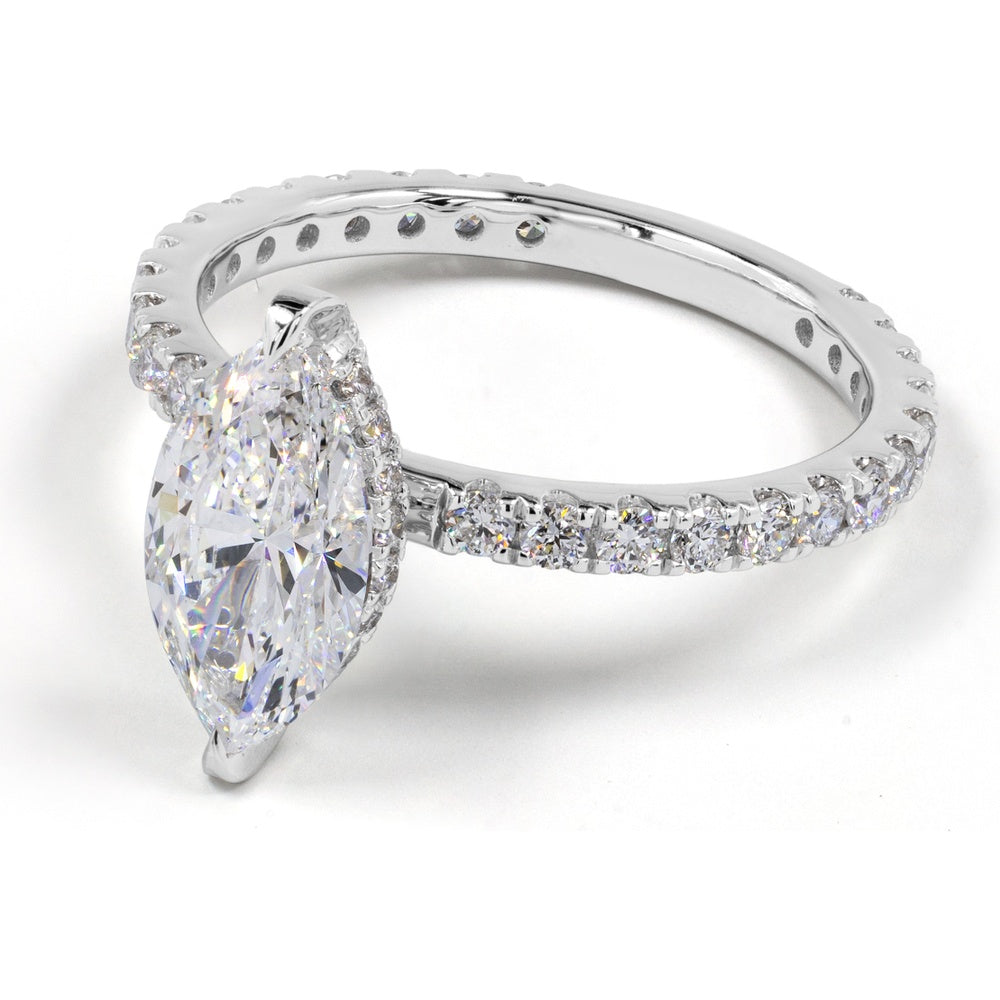 14K White Gold Hidden Halo Engagement Ring with 3.06 Carat Marquise Cut Lab Diamond and Pavé Band - 4.04 Total Carat Weight - Covaloro Fine Jewelry