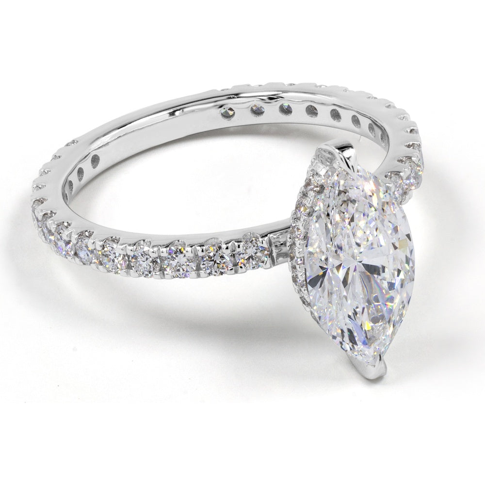 14K White Gold Hidden Halo Engagement Ring with 3.06 Carat Marquise Cut Lab Diamond and Pavé Band - 4.04 Total Carat Weight - Covaloro Fine Jewelry