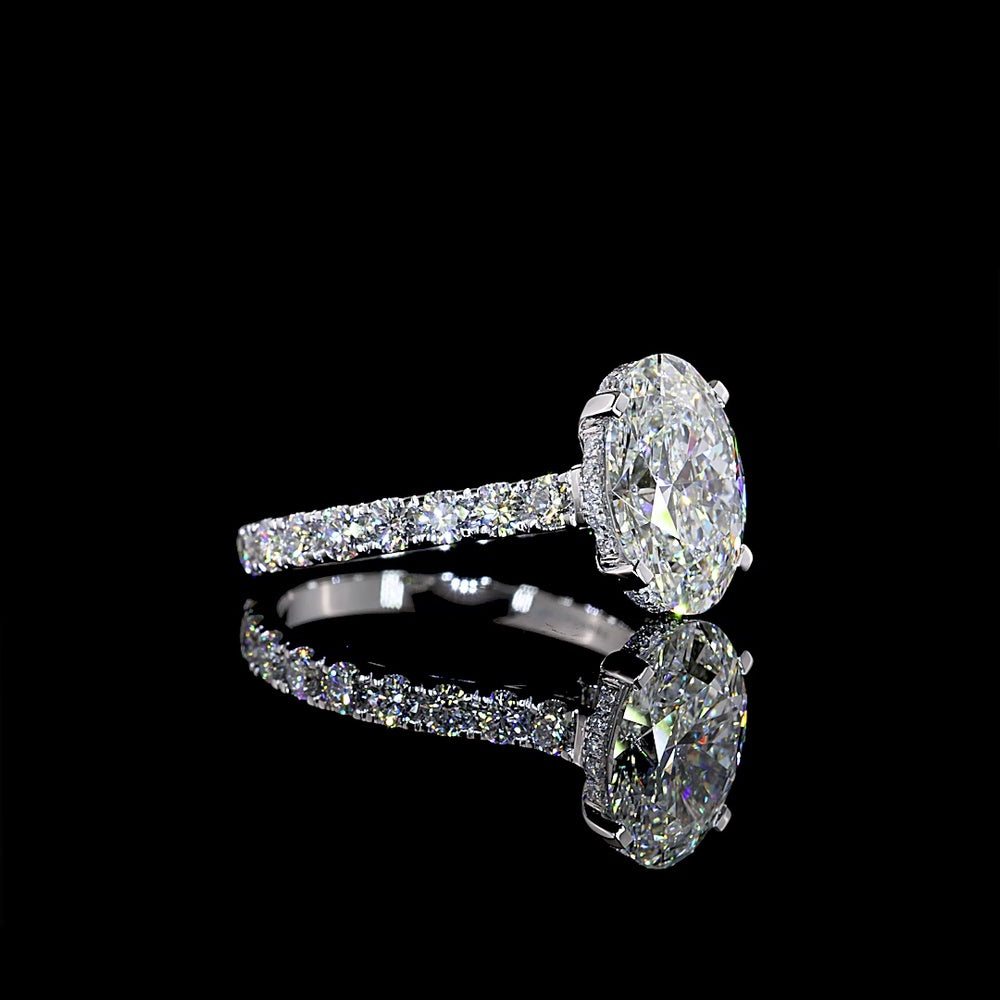 14K White Gold Hidden Halo Engagement Ring with 3.08 Carat Oval Cut Lab Diamond and 1.00 Carat Accent Diamonds - 4.08 Carat Total Weight - Covaloro Fine Jewelry