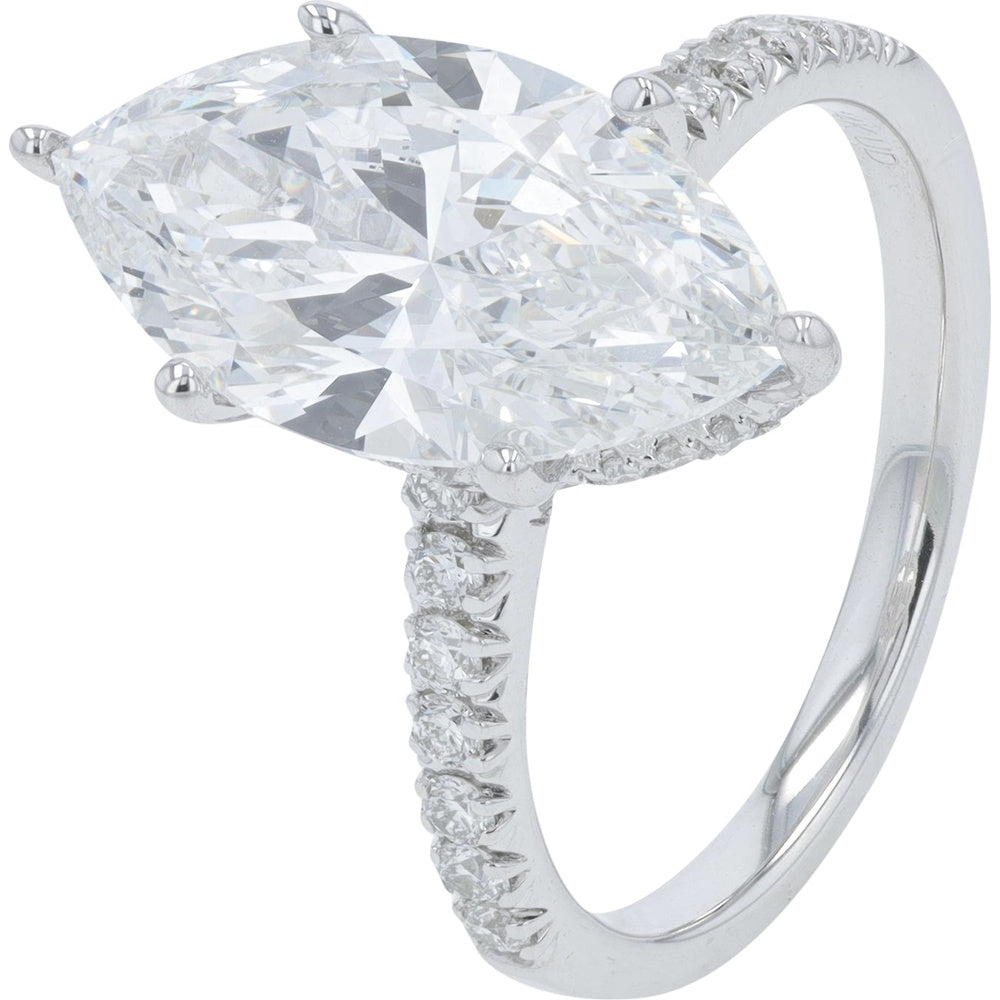 14K White Gold Hidden Halo Engagement Ring with 4.00 Carat Marquise Cut Lab Grown Diamond and Pavé Band - 4.50 Carat Total Diamond Weight
