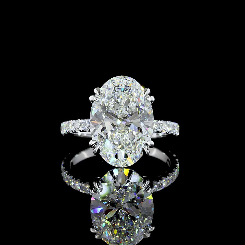 14K White Gold Hidden Halo Engagement Ring with 6.11 Carat Oval Lab Diamond E VVS2 and 0.57 Carat Brilliant Cut Accent Diamonds - 6.78 Total Carat Weight - Covaloro Fine Jewelry