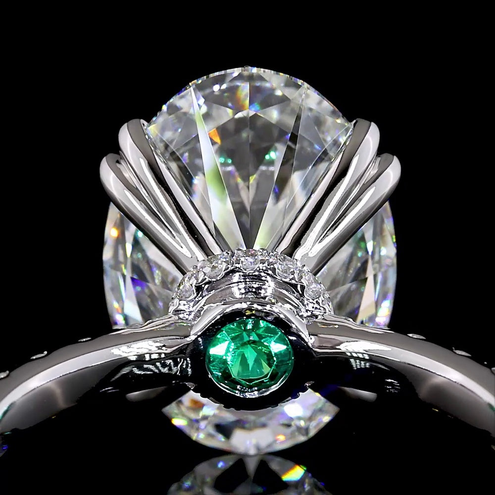 14K White Gold Hidden Halo Engagement Ring with 6.11 Carat Oval Lab Diamond E VVS2 and 0.57 Carat Brilliant Cut Accent Diamonds - 6.78 Total Carat Weight - Covaloro Fine Jewelry