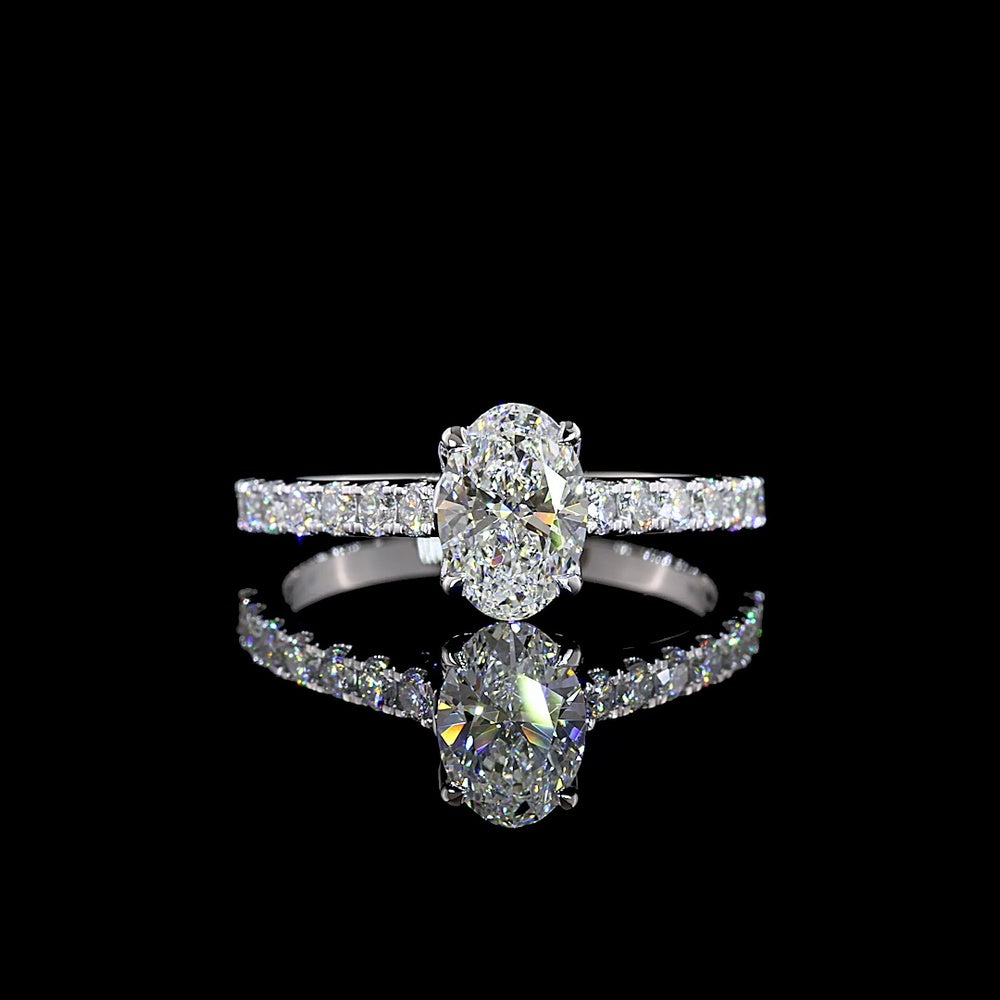 14K White Gold Hidden Halo Ring with 1.00 Carat Oval Cut Lab Diamond and 0.48 Carats of Brilliant Cut Diamonds - Total Diamond Weight 1.48 Carats, IGI Certified D VS1 - Covaloro Fine Jewelry