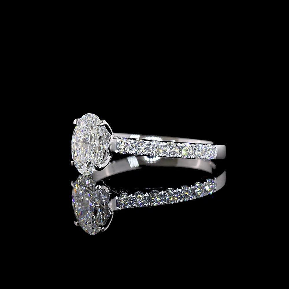 14K White Gold Hidden Halo Ring with 1.00 Carat Oval Cut Lab Diamond and 0.48 Carats of Brilliant Cut Diamonds - Total Diamond Weight 1.48 Carats, IGI Certified D VS1 - Covaloro Fine Jewelry