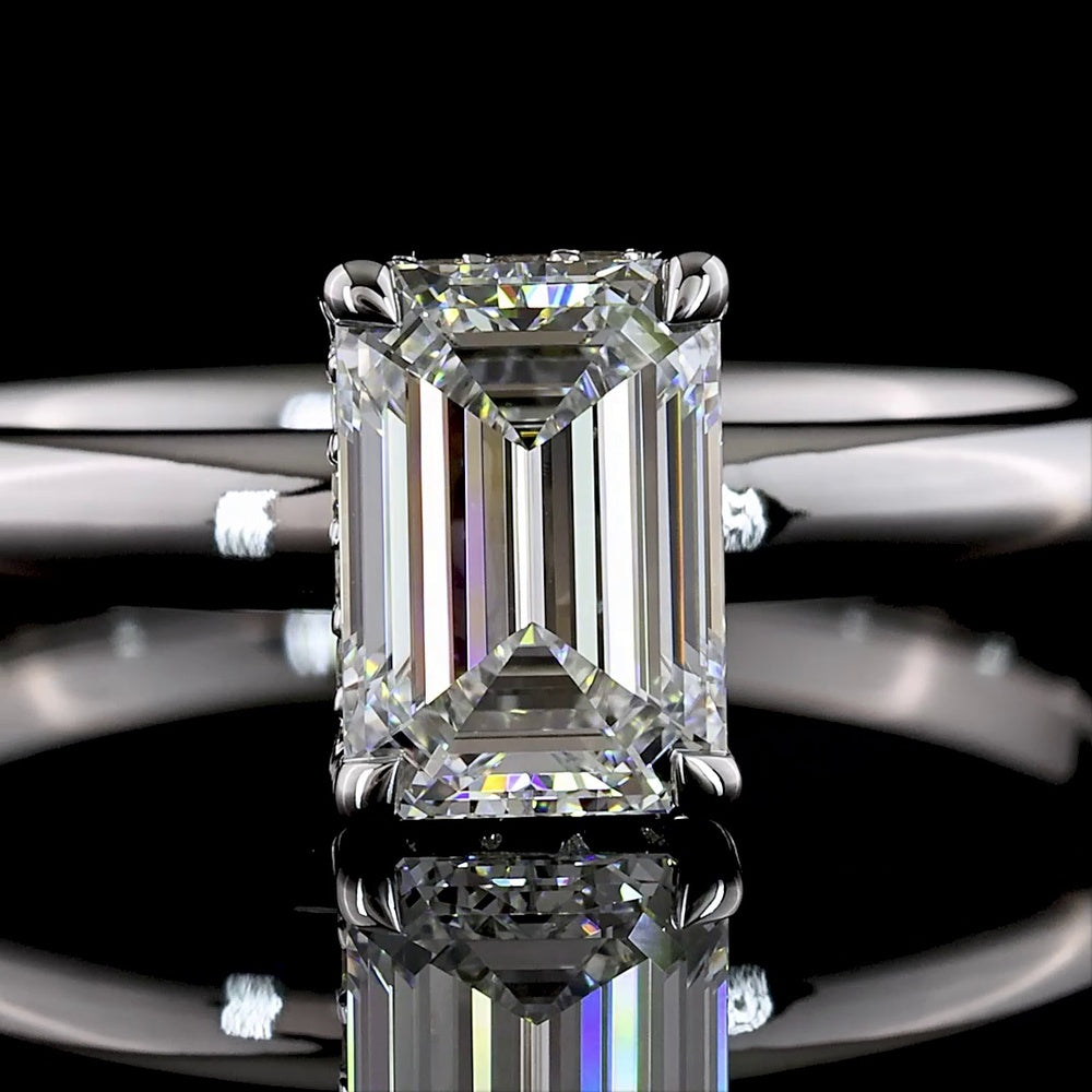 14K White Gold Hidden Halo Ring with 1.03 Carat Emerald Cut Lab Diamond and 0.07 Carat Brilliant Cut Accent Diamonds - 1.10 Carat Total Diamond Weight - Covaloro Fine Jewelry