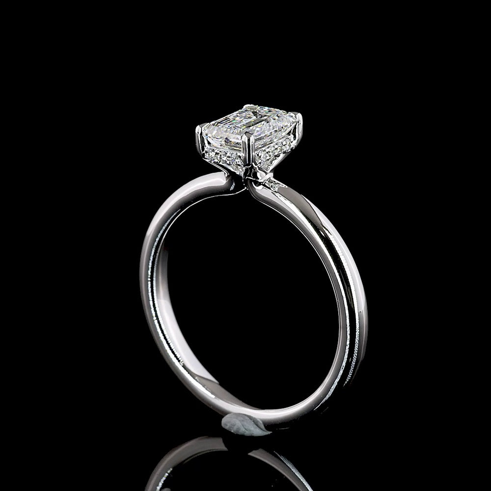 14K White Gold Hidden Halo Ring with 1.03 Carat Emerald Cut Lab Diamond and 0.07 Carat Brilliant Cut Accent Diamonds - 1.10 Carat Total Diamond Weight - Covaloro Fine Jewelry