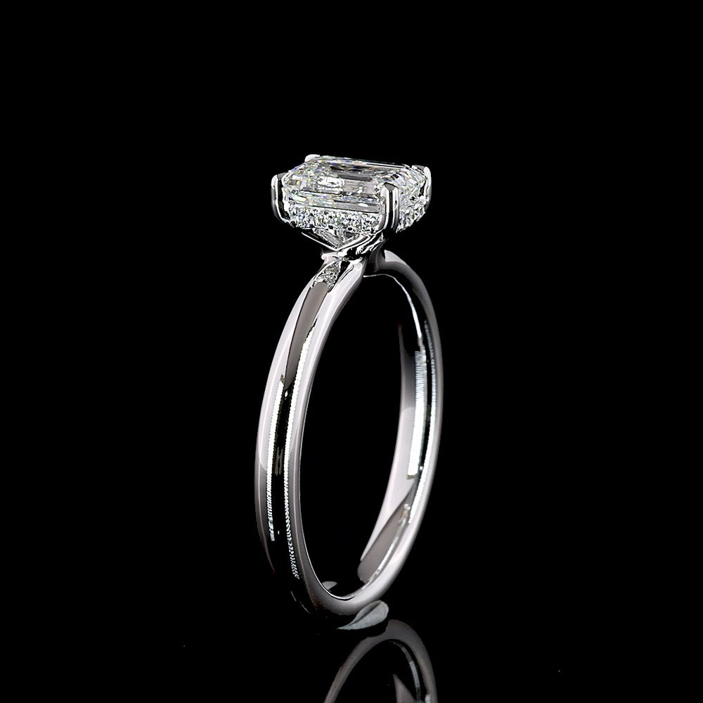 14K White Gold Hidden Halo Ring with 1.03 Carat Emerald Cut Lab Diamond and 0.07 Carat Brilliant Cut Accent Diamonds - 1.10 Carat Total Diamond Weight - Covaloro Fine Jewelry