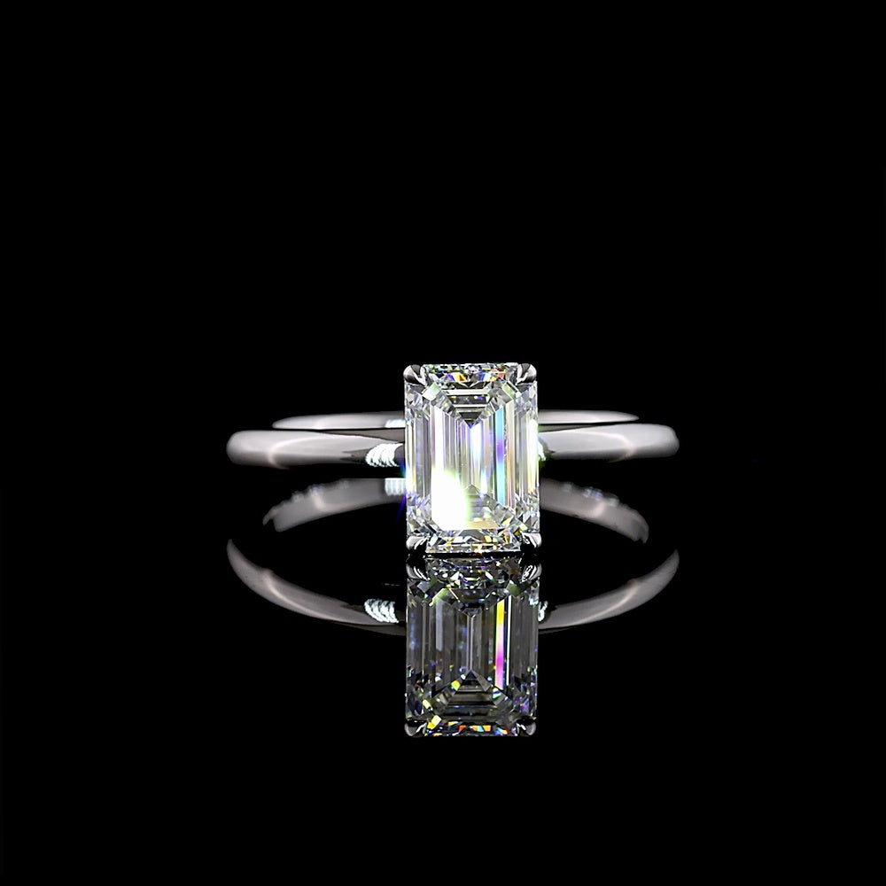 14K White Gold Hidden Halo Ring with 1.26 Carat Emerald Cut Lab Diamond and 0.06 Carat Brilliant Cut Diamond Accents - 1.32 Carat Total Diamond Weight - Covaloro Fine Jewelry