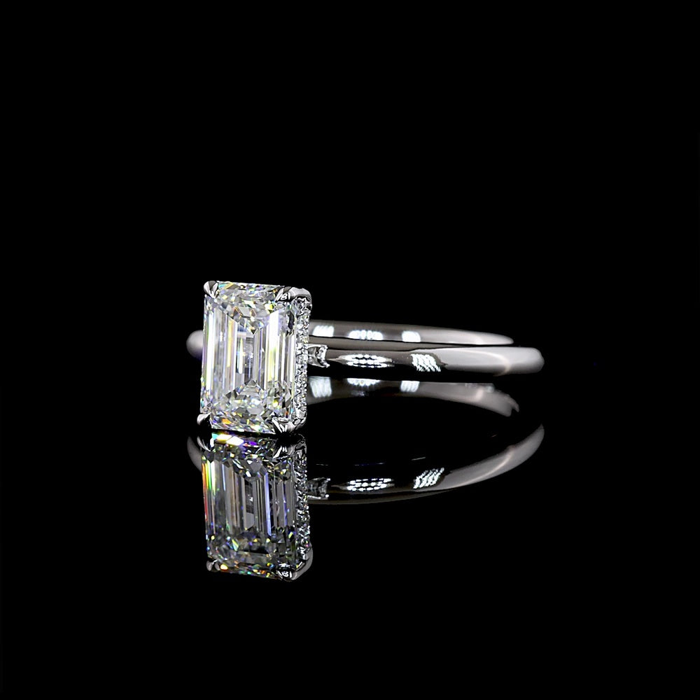 14K White Gold Hidden Halo Ring with 1.26 Carat Emerald Cut Lab Diamond and 0.06 Carat Brilliant Cut Diamond Accents - 1.32 Carat Total Diamond Weight - Covaloro Fine Jewelry
