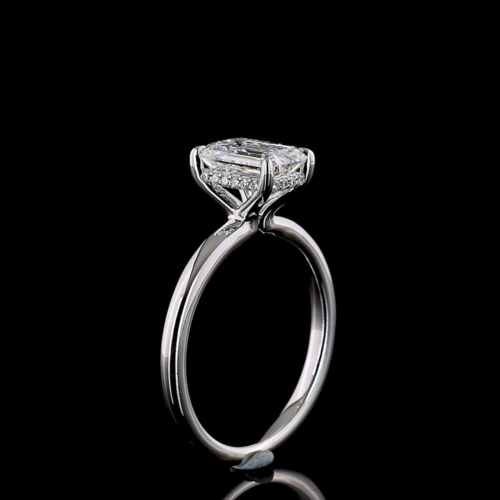 14K White Gold Hidden Halo Ring with 1.55 Carat Emerald Cut Lab Diamond and 0.08 Carat Brilliant Cut Accent Diamonds - Total 1.63 Carats - Covaloro Fine Jewelry