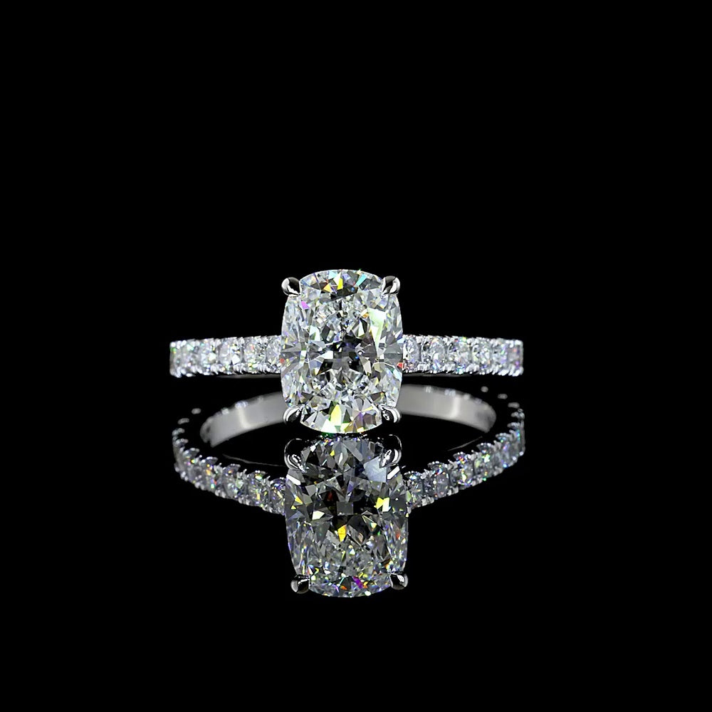 14K White Gold Hidden Halo Ring with 2.08 Carat Cushion Brilliant Cut Lab Diamond and 0.64 Carat Accent Lab Diamonds - Total 2.79 Carat D VS1 IGI Certified - Covaloro Fine Jewelry