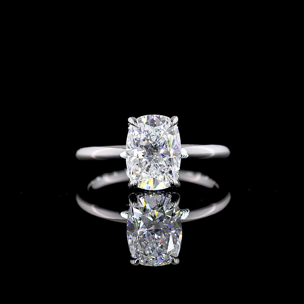 14K White Gold Hidden Halo Ring with 2.09 Carat Cushion Brilliant Lab Diamond and 0.07 Carat Round Diamond Accents - Total 2.16 Carats, IGI E-F VS1 - Covaloro Fine Jewelry