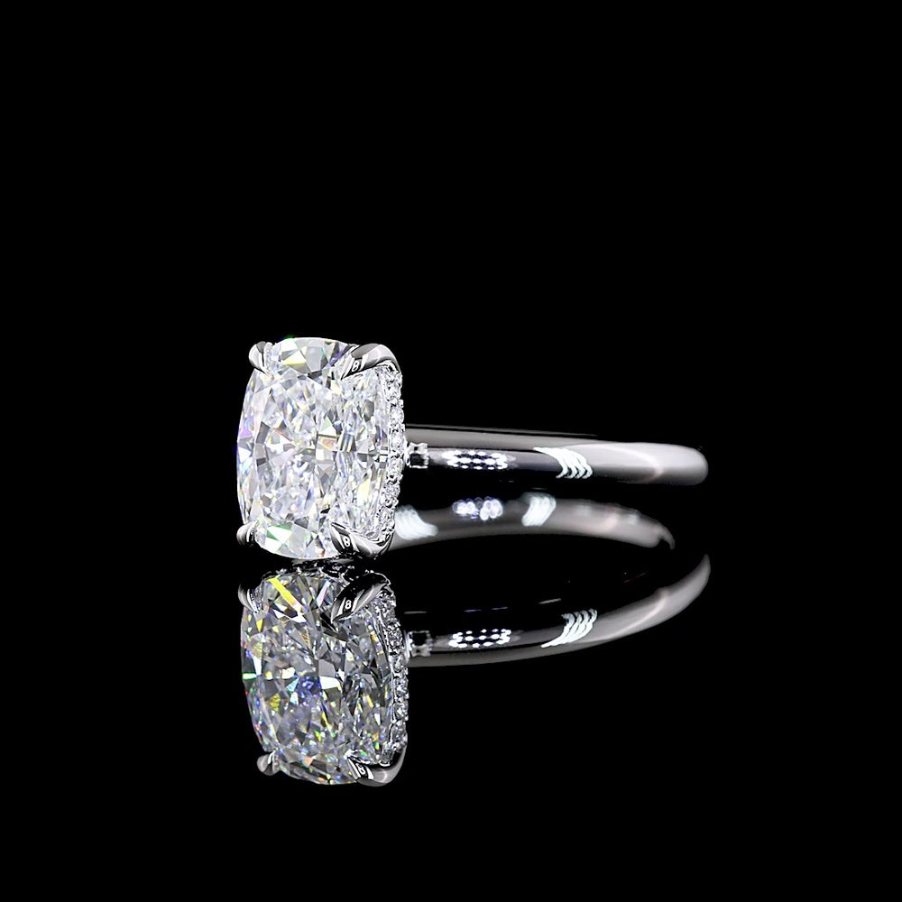 14K White Gold Hidden Halo Ring with 2.09 Carat Cushion Brilliant Lab Diamond and 0.07 Carat Round Diamond Accents - Total 2.16 Carats, IGI E-F VS1 - Covaloro Fine Jewelry