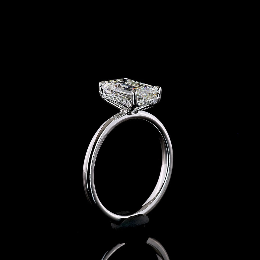 14K White Gold Hidden Halo Ring with 2.17 Carat Emerald Cut Lab Diamond and 0.08 Carat Brilliant Diamond Accents - 2.25 Total Carat Weight - Covaloro Fine Jewelry