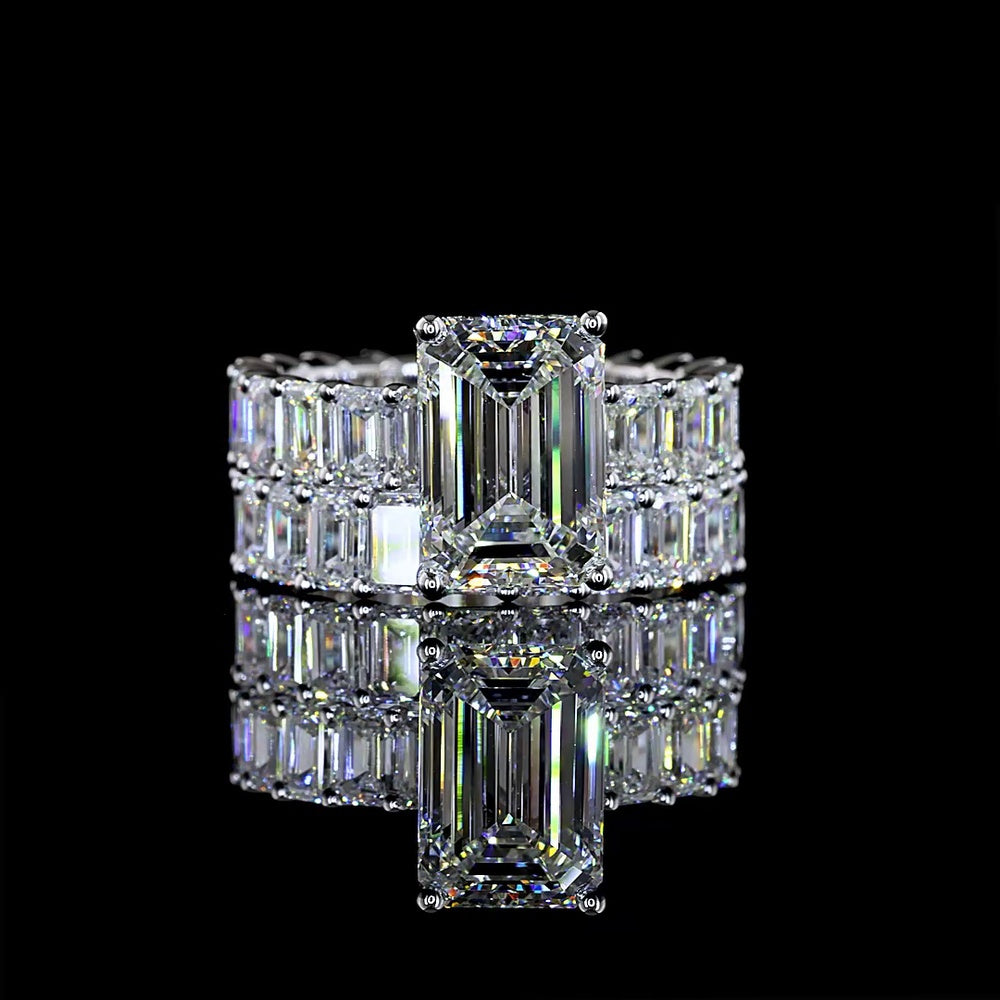 14K White Gold Hidden Halo Ring with 2.97 Carats Emerald Cut Lab Diamond and Accented Emerald Cut Band - 6.67 Carats Total Diamond Weight - Covaloro Fine Jewelry