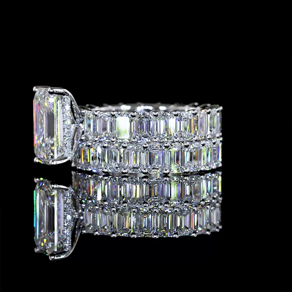 14K White Gold Hidden Halo Ring with 2.97 Carats Emerald Cut Lab Diamond and Accented Emerald Cut Band - 6.67 Carats Total Diamond Weight - Covaloro Fine Jewelry