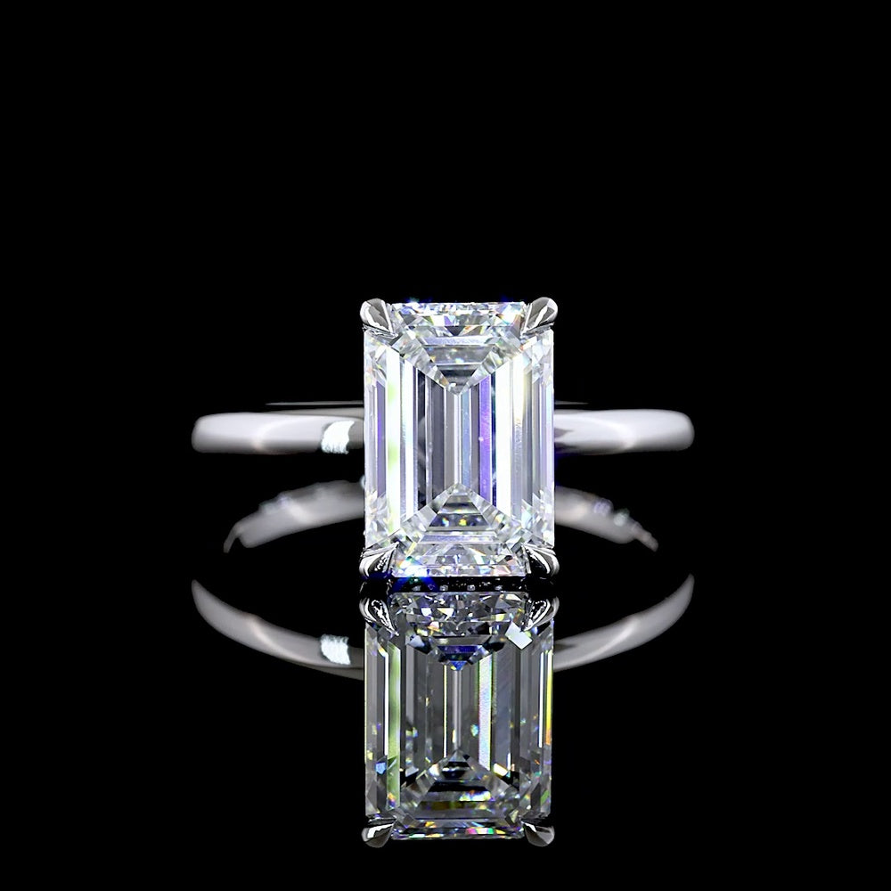 14K White Gold Hidden Halo Ring with 3.00 Carat Emerald Cut Lab Diamond and 0.09 Carat Brilliant Cut Diamond Accents - Total 3.09 Carats - Covaloro Fine Jewelry