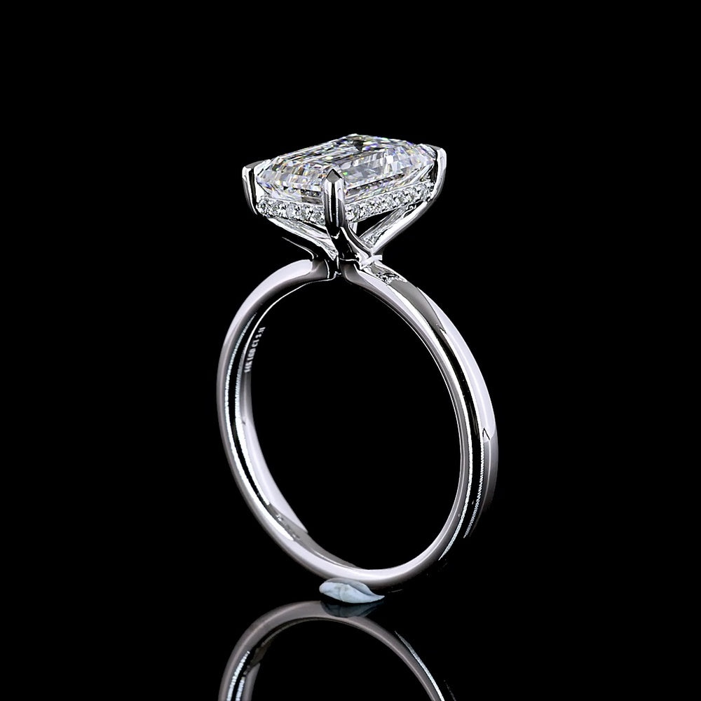14K White Gold Hidden Halo Ring with 3.00 Carat Emerald Cut Lab Diamond and 0.09 Carat Brilliant Cut Diamond Accents - Total 3.09 Carats - Covaloro Fine Jewelry