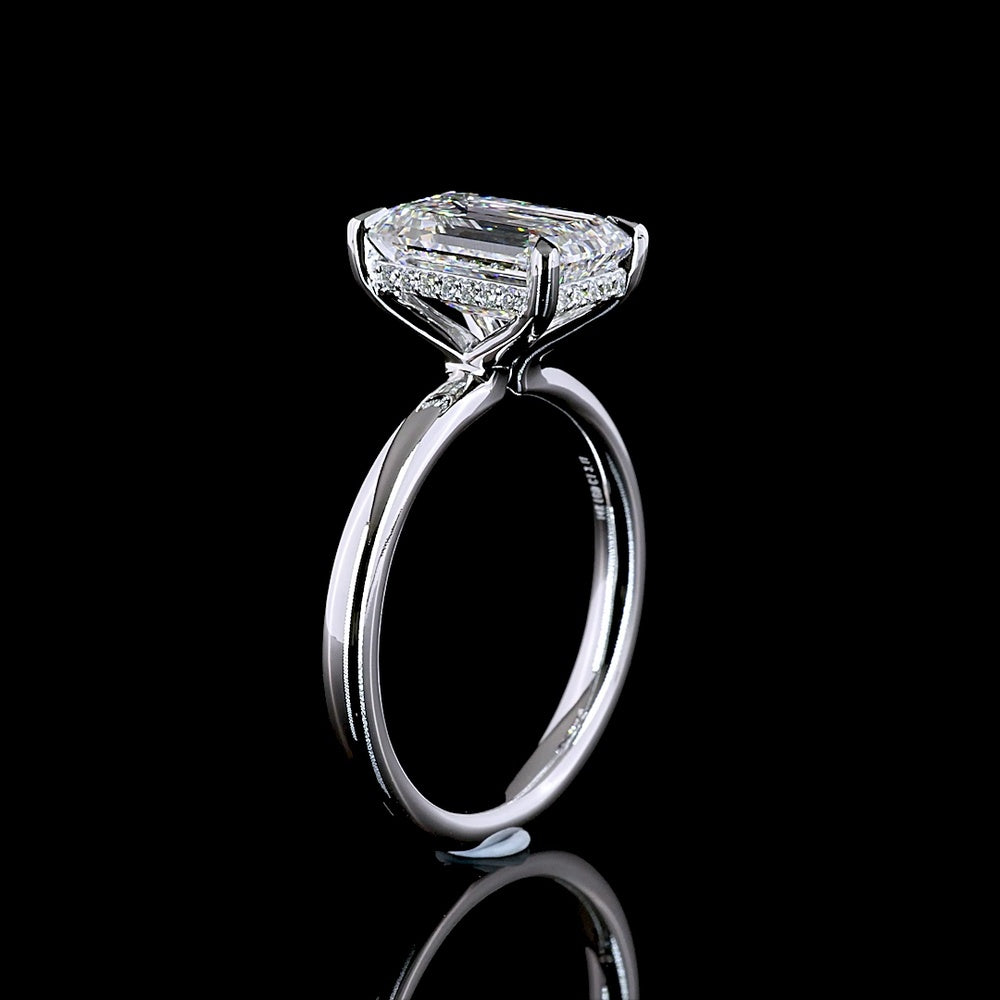 14K White Gold Hidden Halo Ring with 3.00 Carat Emerald Cut Lab Diamond and 0.09 Carat Brilliant Cut Diamond Accents - Total 3.09 Carats - Covaloro Fine Jewelry