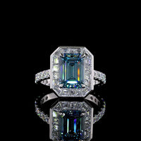 14K White Gold Hidden Halo Ring with 3.02 Carat Emerald Cut Fancy Vivid Blue Lab Diamond and Mixed Shape Accent Diamonds - 4.49 Carat Total Weight - Covaloro Fine Jewelry