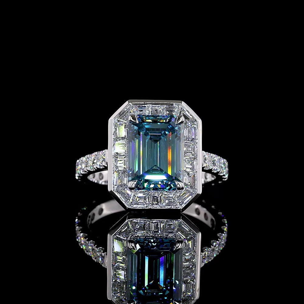14K White Gold Hidden Halo Ring with 3.02 Carat Emerald Cut Fancy Vivid Blue Lab Diamond and Mixed Shape Accent Diamonds - 4.49 Carat Total Weight - Covaloro Fine Jewelry