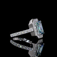 14K White Gold Hidden Halo Ring with 3.02 Carat Emerald Cut Fancy Vivid Blue Lab Diamond and Mixed Shape Accent Diamonds - 4.49 Carat Total Weight - Covaloro Fine Jewelry