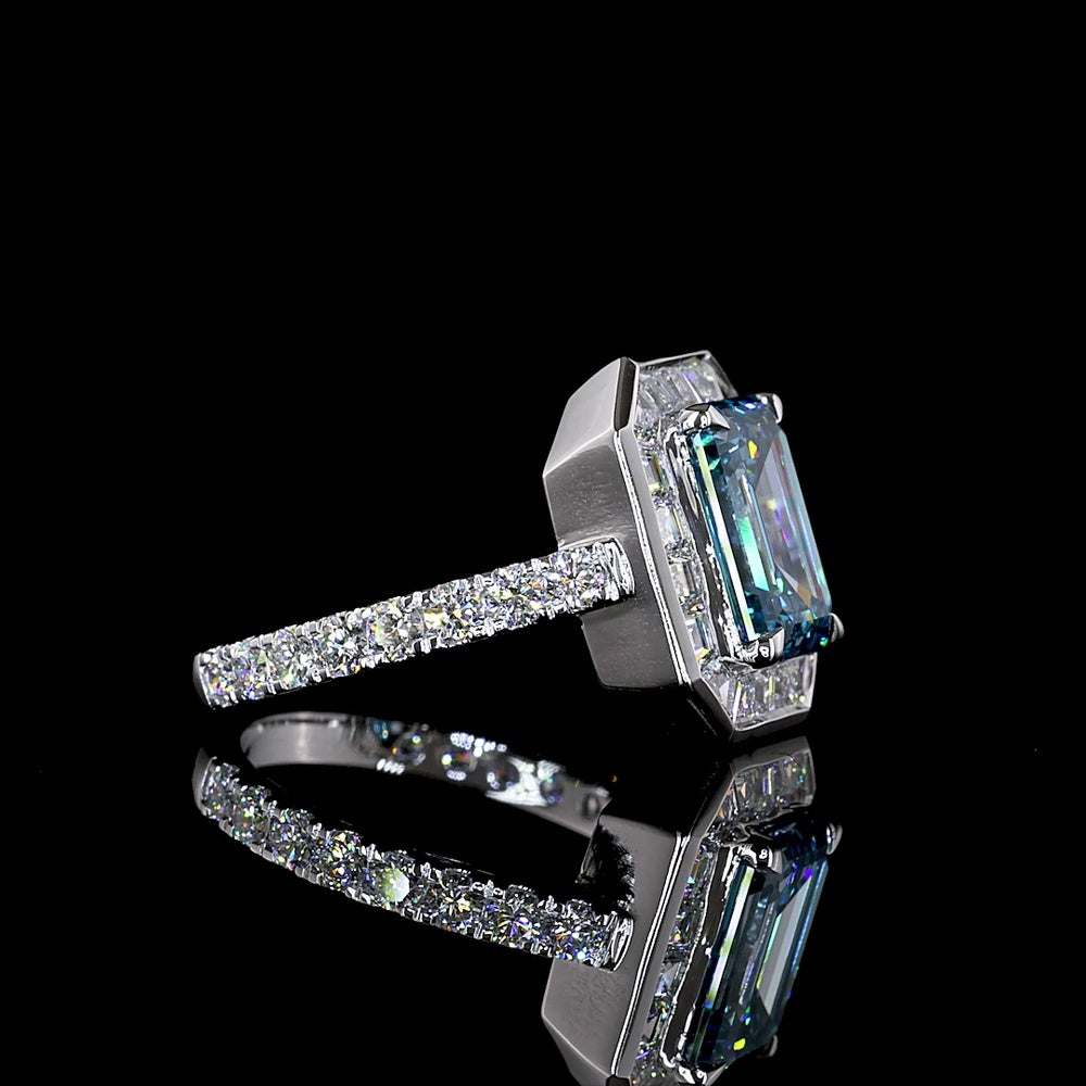 14K White Gold Hidden Halo Ring with 3.02 Carat Emerald Cut Fancy Vivid Blue Lab Diamond and Mixed Shape Accent Diamonds - 4.49 Carat Total Weight - Covaloro Fine Jewelry