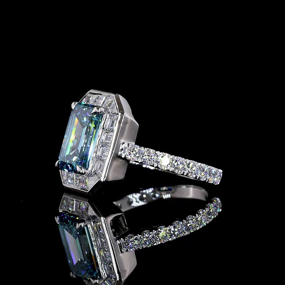 14K White Gold Hidden Halo Ring with 3.02 Carat Emerald Cut Fancy Vivid Blue Lab Diamond and Mixed Shape Accent Diamonds - 4.49 Carat Total Weight - Covaloro Fine Jewelry