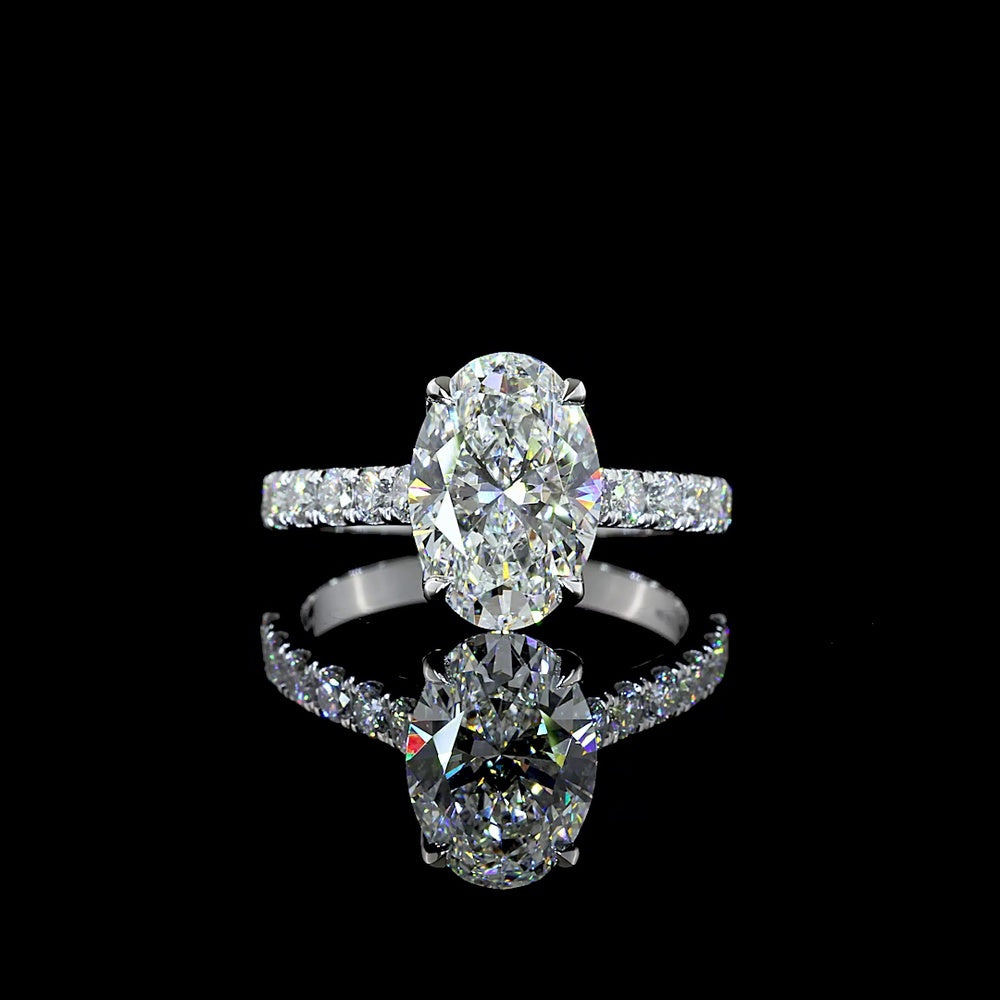14K White Gold Hidden Halo Ring with 3.05 Carat Oval Cut Lab Diamond and 0.69 Carat Accent Lab Diamonds - Total 3.74 Carats, IGI Certified E VS1 - Covaloro Fine Jewelry