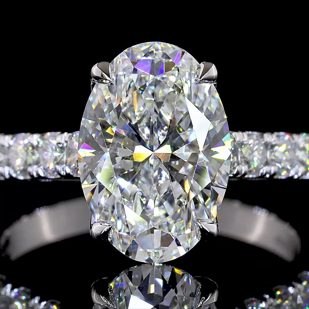 14K White Gold Hidden Halo Ring with 3.05 Carat Oval Cut Lab Diamond and 0.69 Carat Accent Lab Diamonds - Total 3.74 Carats, IGI Certified E VS1 - Covaloro Fine Jewelry