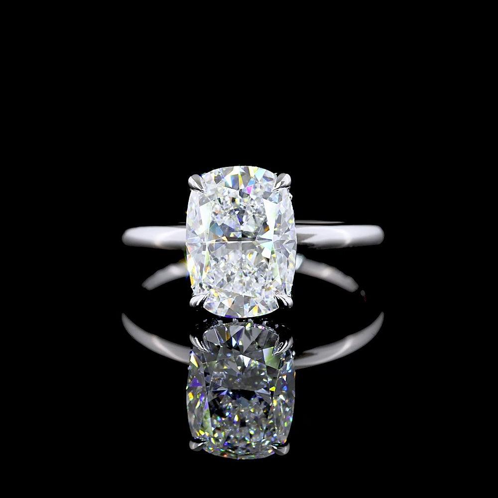 14K White Gold Hidden Halo Ring with 3.10 Carat Cushion Brilliant Lab Diamond and 0.09 Carat Accent Diamonds - IGI Certified - Covaloro Fine Jewelry