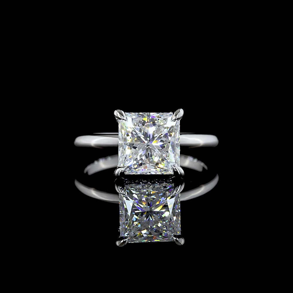 14K White Gold Hidden Halo Ring with 3.10 Carat Princess Cut Lab Diamond and 0.10 Carat Brilliant Cut Lab Diamond Accents - 3.20 Carat Total Diamond Weight - Covaloro Fine Jewelry