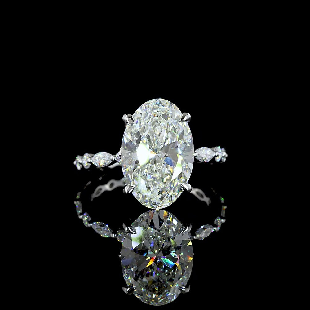 14K White Gold Hidden Halo Ring with 5.11 Carat Oval Cut Lab Diamond and Accent Marquise and Round Diamonds - 5.85 Carat Total Diamond Weight - Covaloro Fine Jewelry