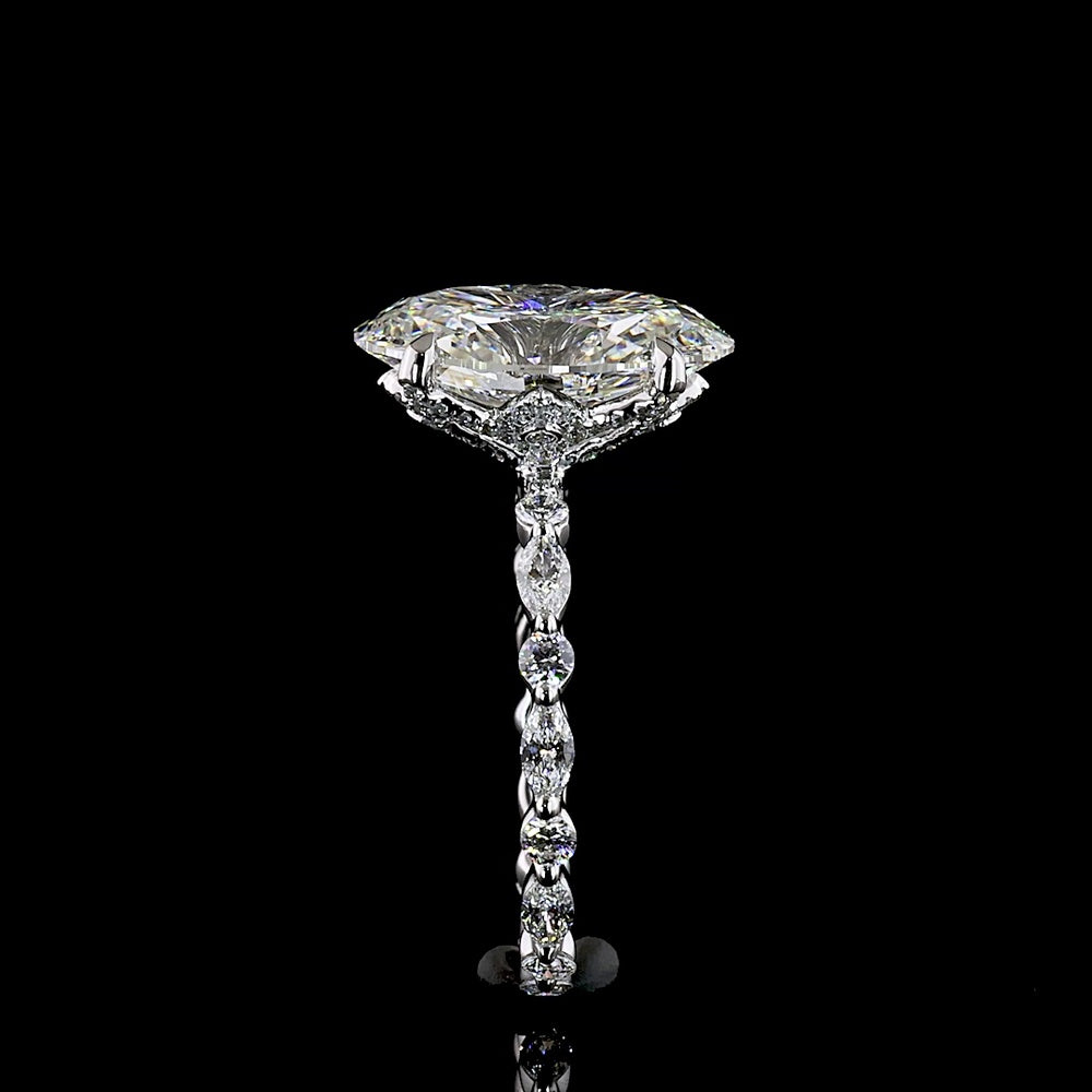 14K White Gold Hidden Halo Ring with 5.11 Carat Oval Cut Lab Diamond and Accent Marquise and Round Diamonds - 5.85 Carat Total Diamond Weight - Covaloro Fine Jewelry