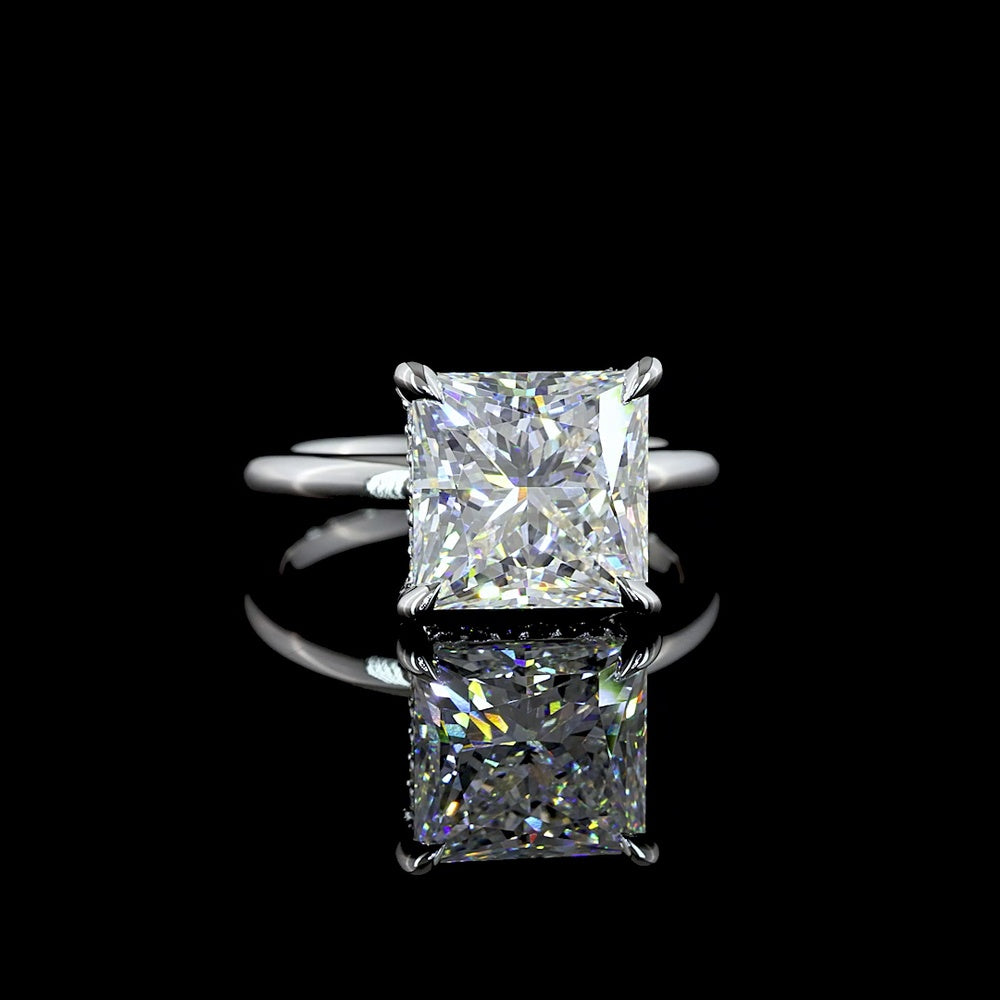 14K White Gold Hidden Halo Ring with 5.11 Carat Princess Cut D VVS2 Lab Diamond and 0.12 Carat Brilliant Cut Lab Diamond Accent - 5.23 Carat Total Diamond Weight - Covaloro Fine Jewelry