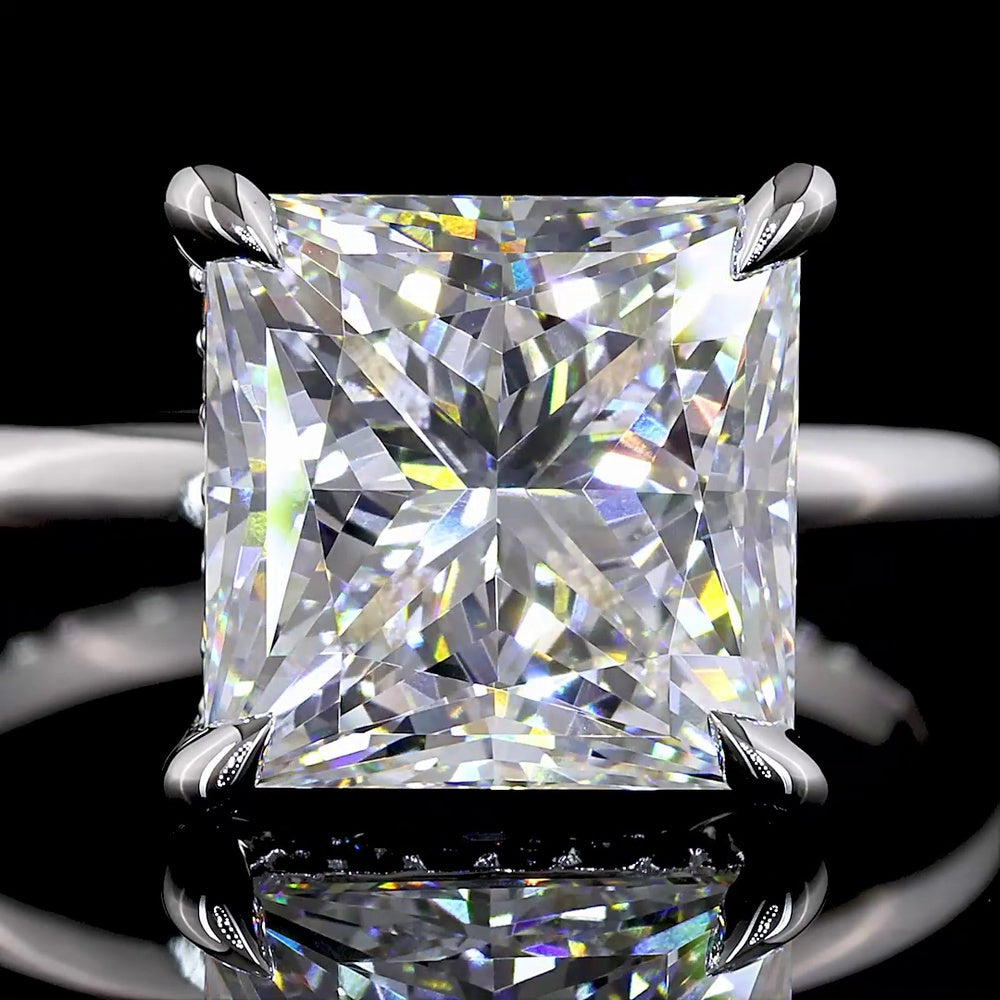 14K White Gold Hidden Halo Ring with 5.11 Carat Princess Cut D VVS2 Lab Diamond and 0.12 Carat Brilliant Cut Lab Diamond Accent - 5.23 Carat Total Diamond Weight - Covaloro Fine Jewelry