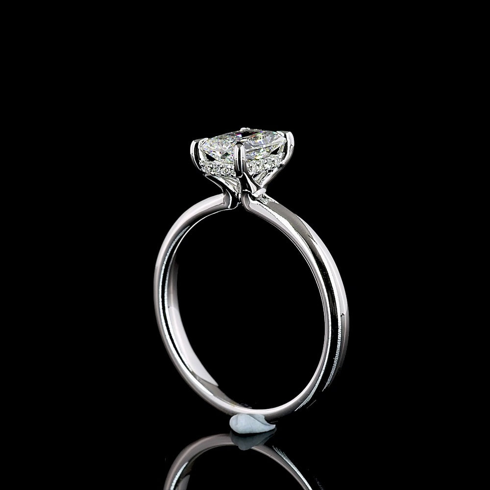 14K White Gold Hidden Halo Ring with North-South Radiant Cut Lab Diamond - 1.11 Total Carat Weight, D VVS2 Clarity, IGI Certified - Covaloro Fine Jewelry
