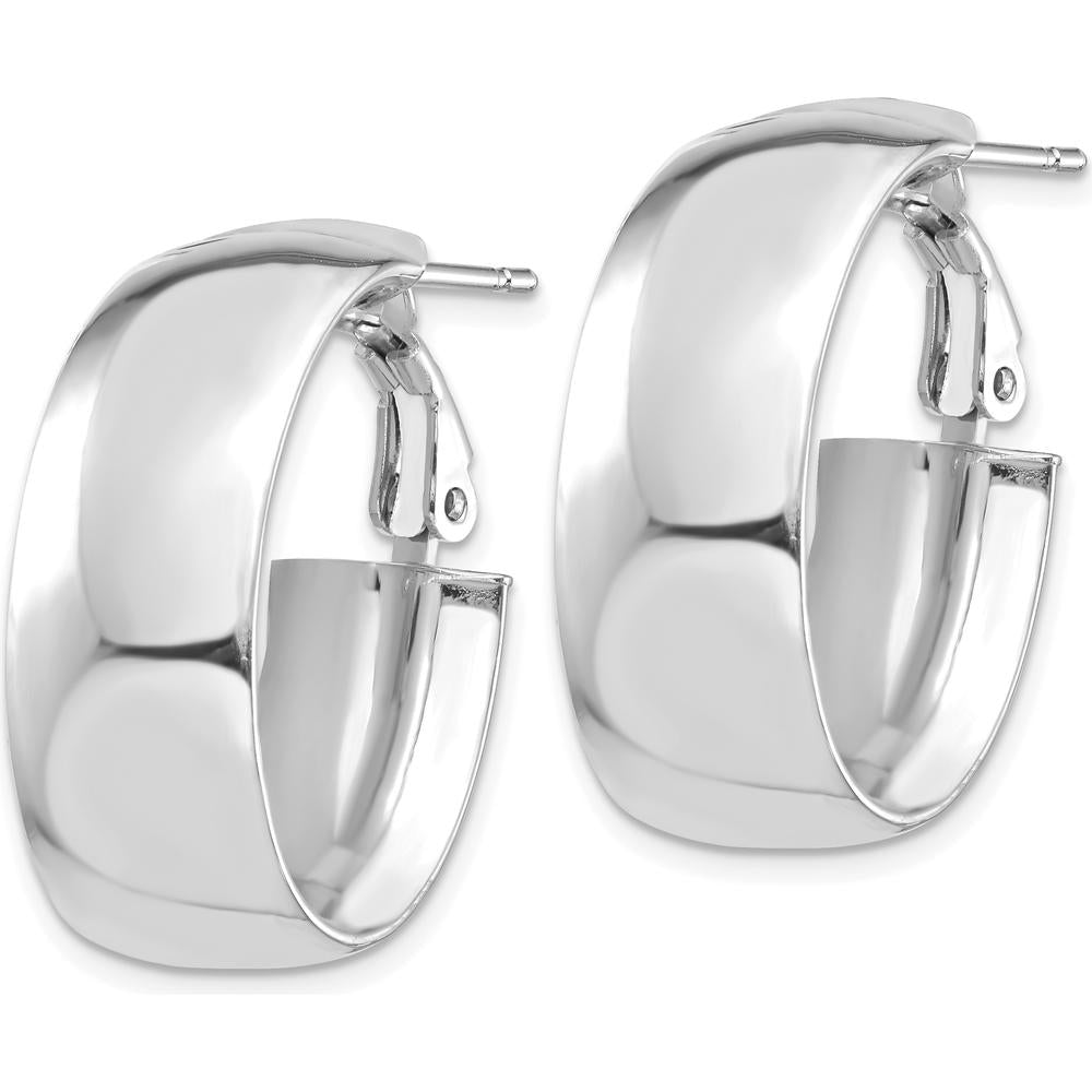 14K White Gold High Polished 10mm Oval Hoop Earrings with Omega Clip Back by Oro Pregiato