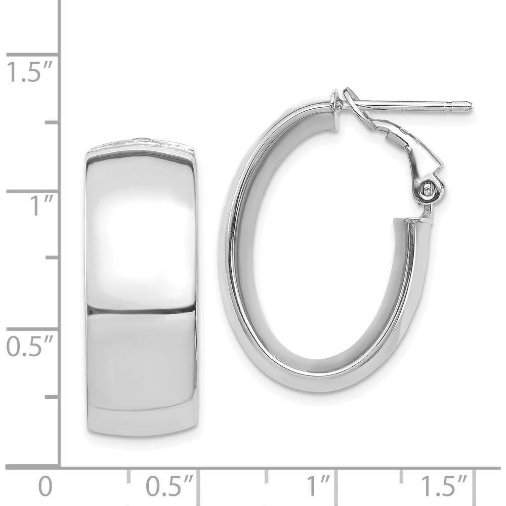 14K White Gold High Polished 10mm Oval Hoop Earrings with Omega Clip Back by Oro Pregiato