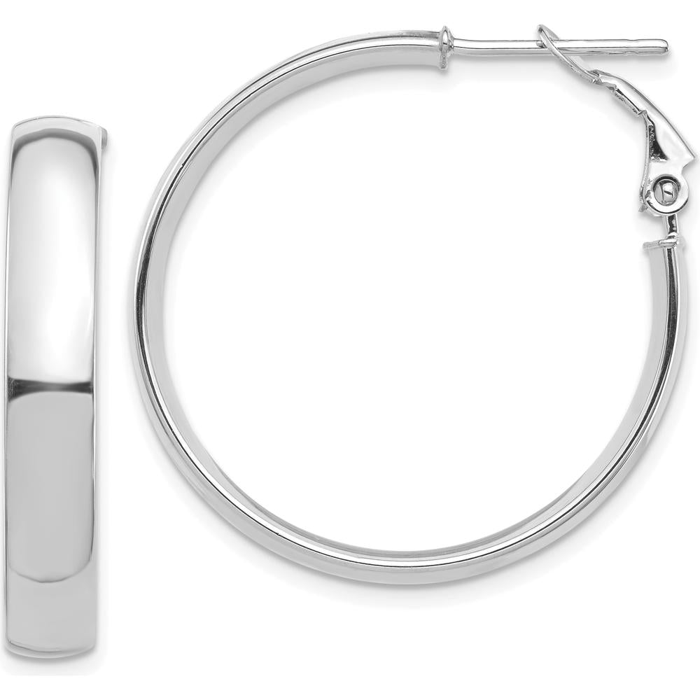 14K White Gold High Polished 5mm Omega Back Hoop Earrings - Silver Tone Finish by Oro Pregiato