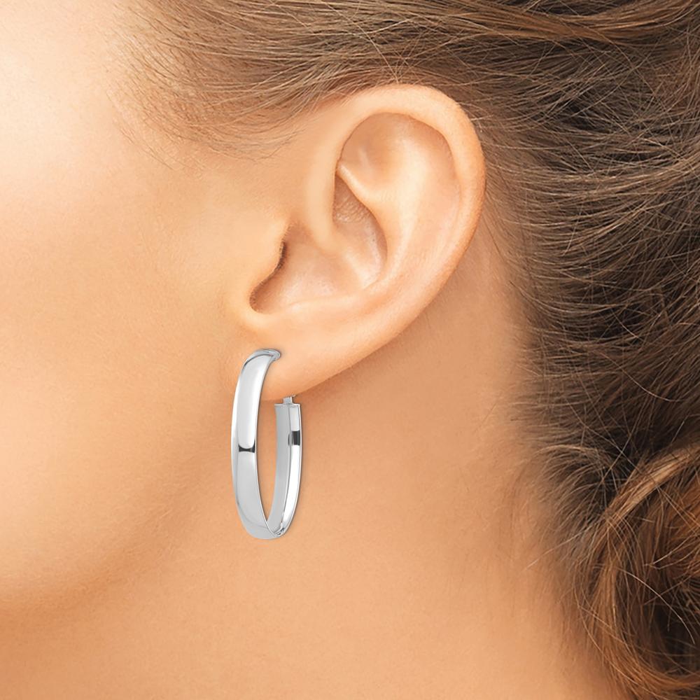 14K White Gold High Polished 5mm Oval Omega Back Hoop Earrings by Oro Pregiato