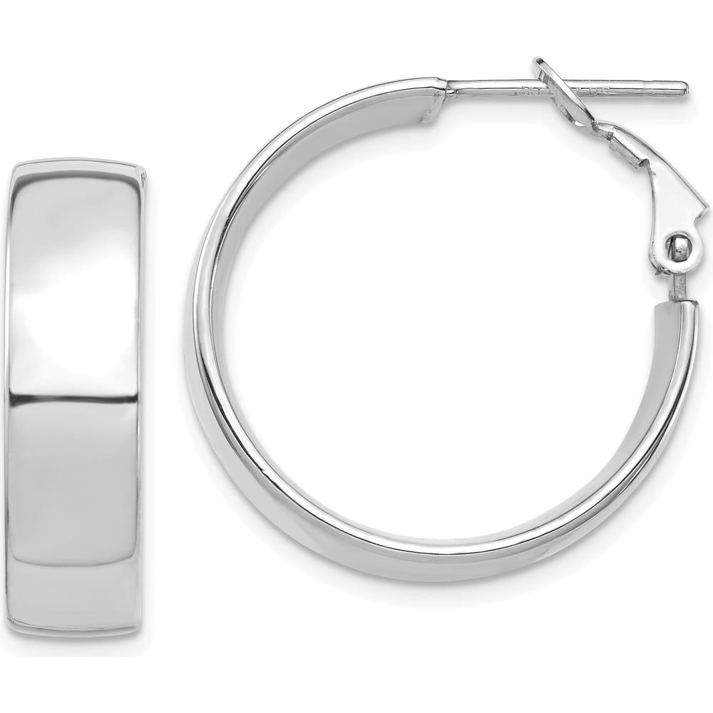 14K White Gold High Polished 7mm Omega Back Hoop Earrings - Rhodium Plated Silver Tone Finish by Oro Pregiato