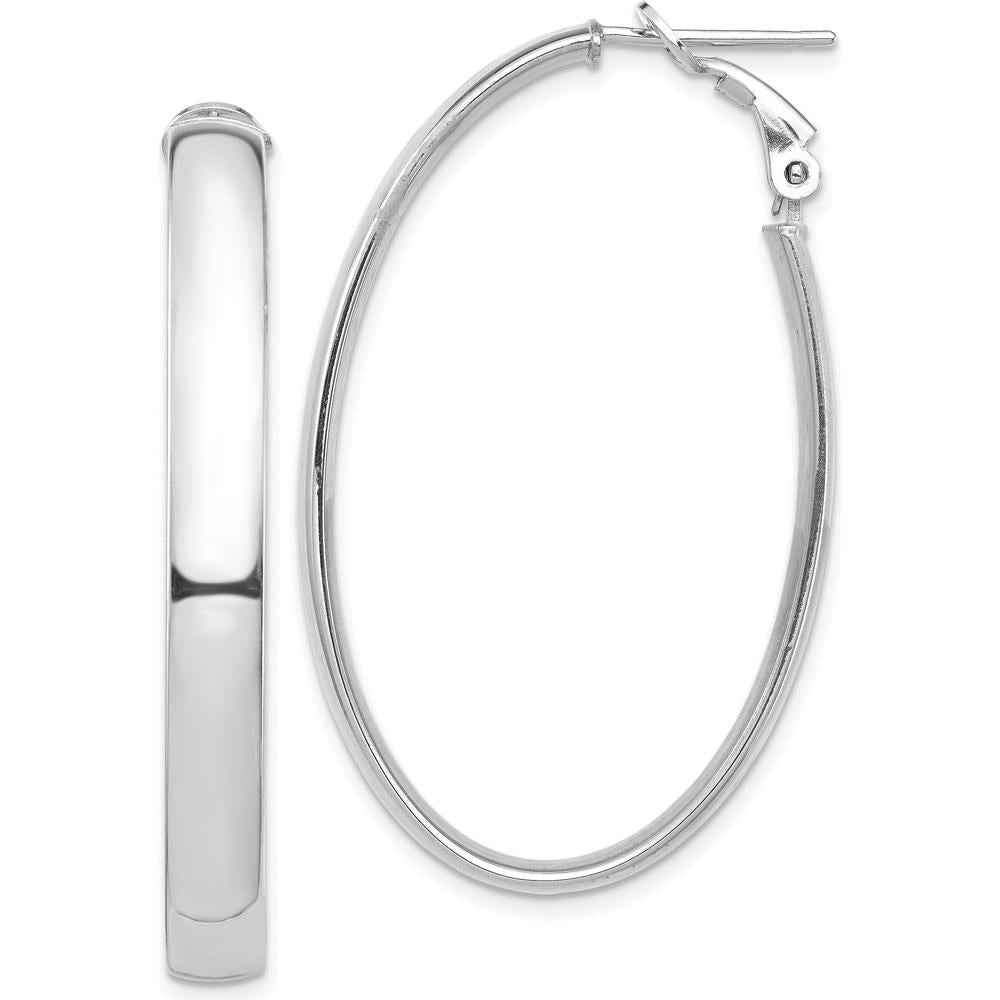 14K White Gold High Polished Oval Hoop Earrings with Omega Back Closure by Oro Pregiato
