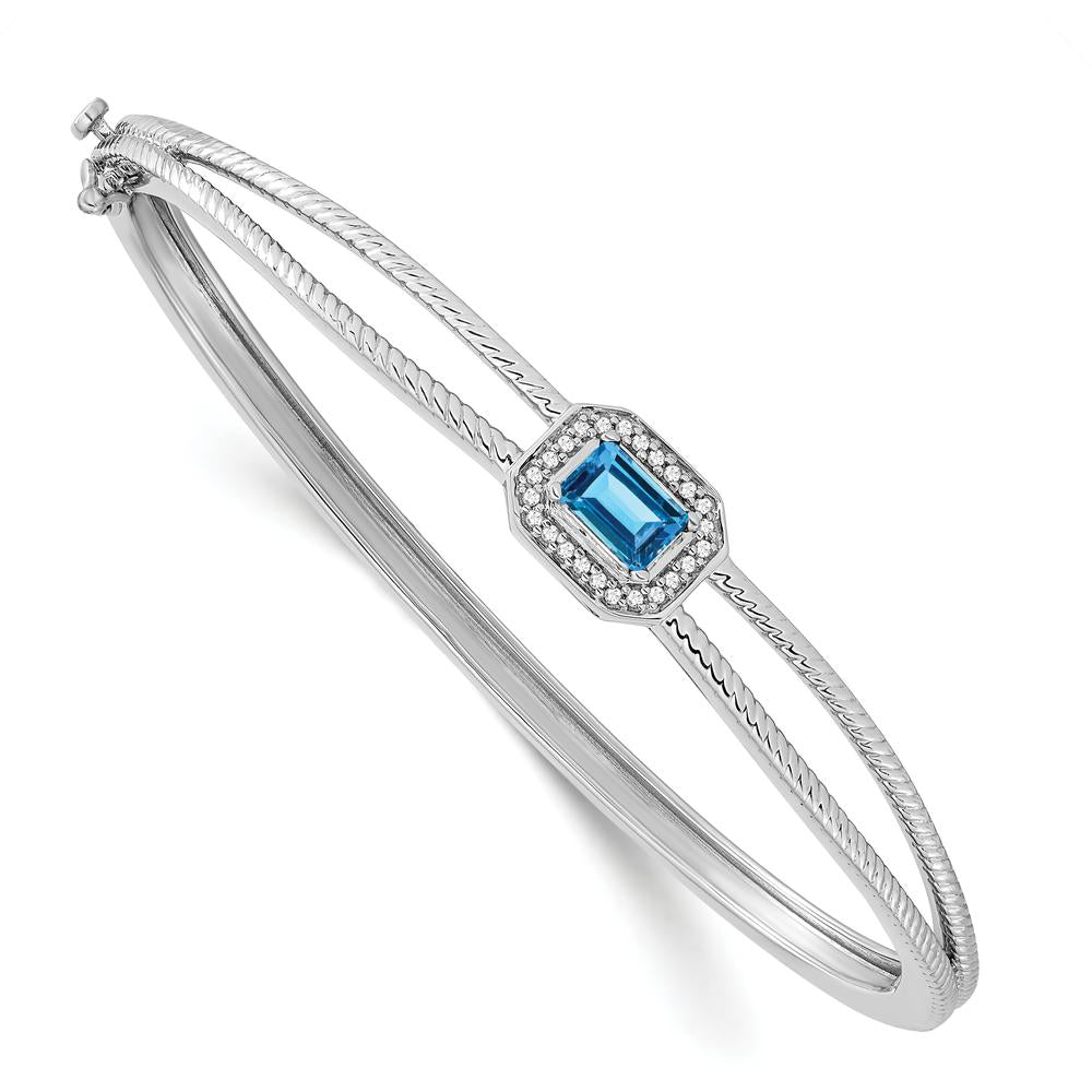 14K White Gold Hinged Bangle Bracelet with Emerald-Cut Blue Topaz and Diamond Halo - 0.46 Carats Blue Topaz, 0.24 Carats Diamonds by Monteluci Fine Jewelry