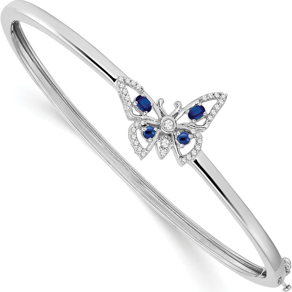 14K White Gold Hinged Bangle Bracelet with Oval Blue Sapphire and Round Diamond Butterfly Design - 0.22 Carats Total Diamond Weight by Monteluci Fine Jewelry